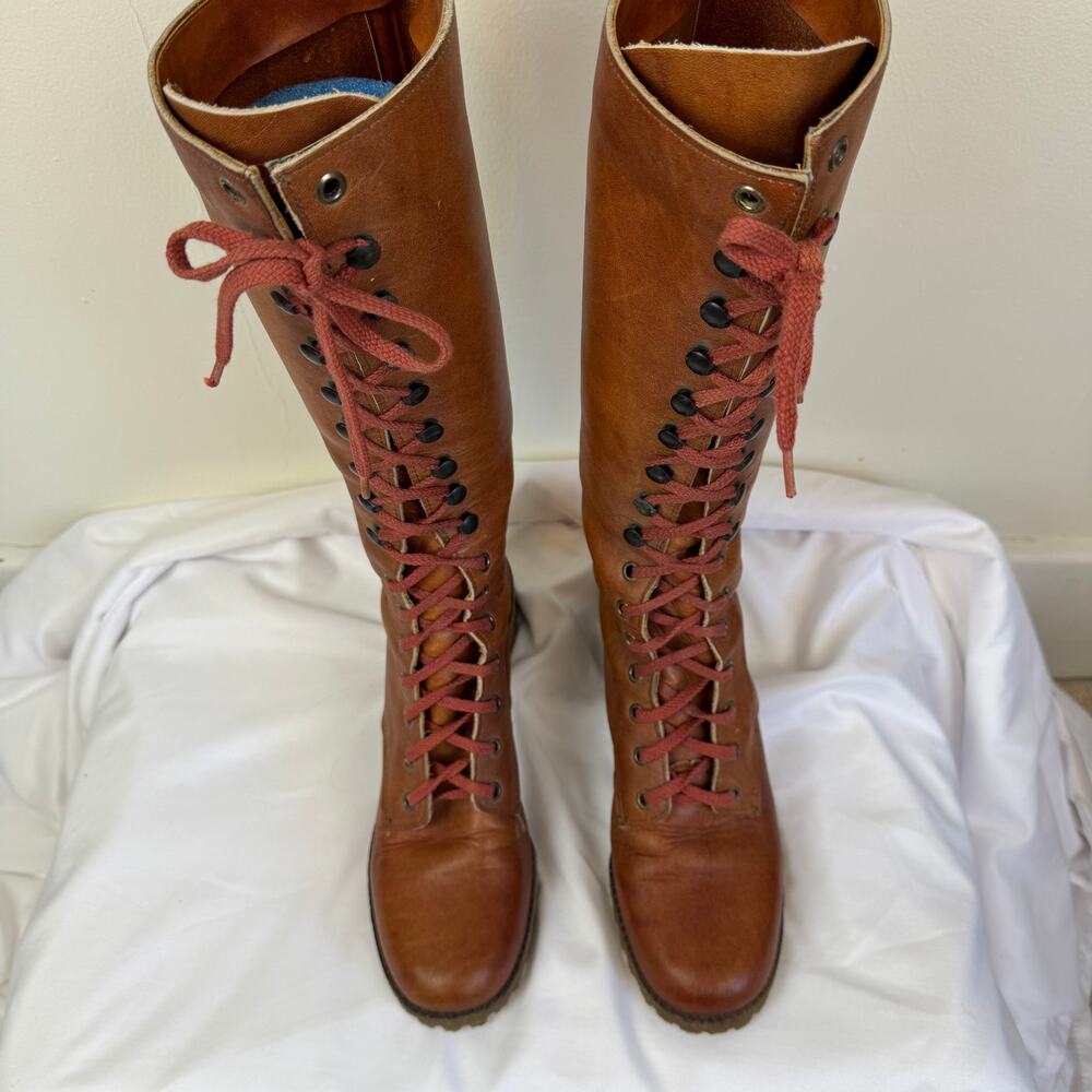 Vtg FRYE 60s 70s Women's 10 B Boots Brown Leather Lace Up Campus Stacked Heel - Picture 5 of 16